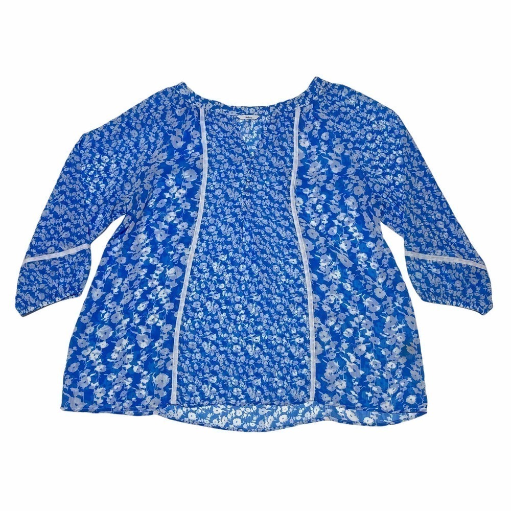 MILANO Blue & White Floral Print Long Balloon Sleeve Quarter Button Blouse